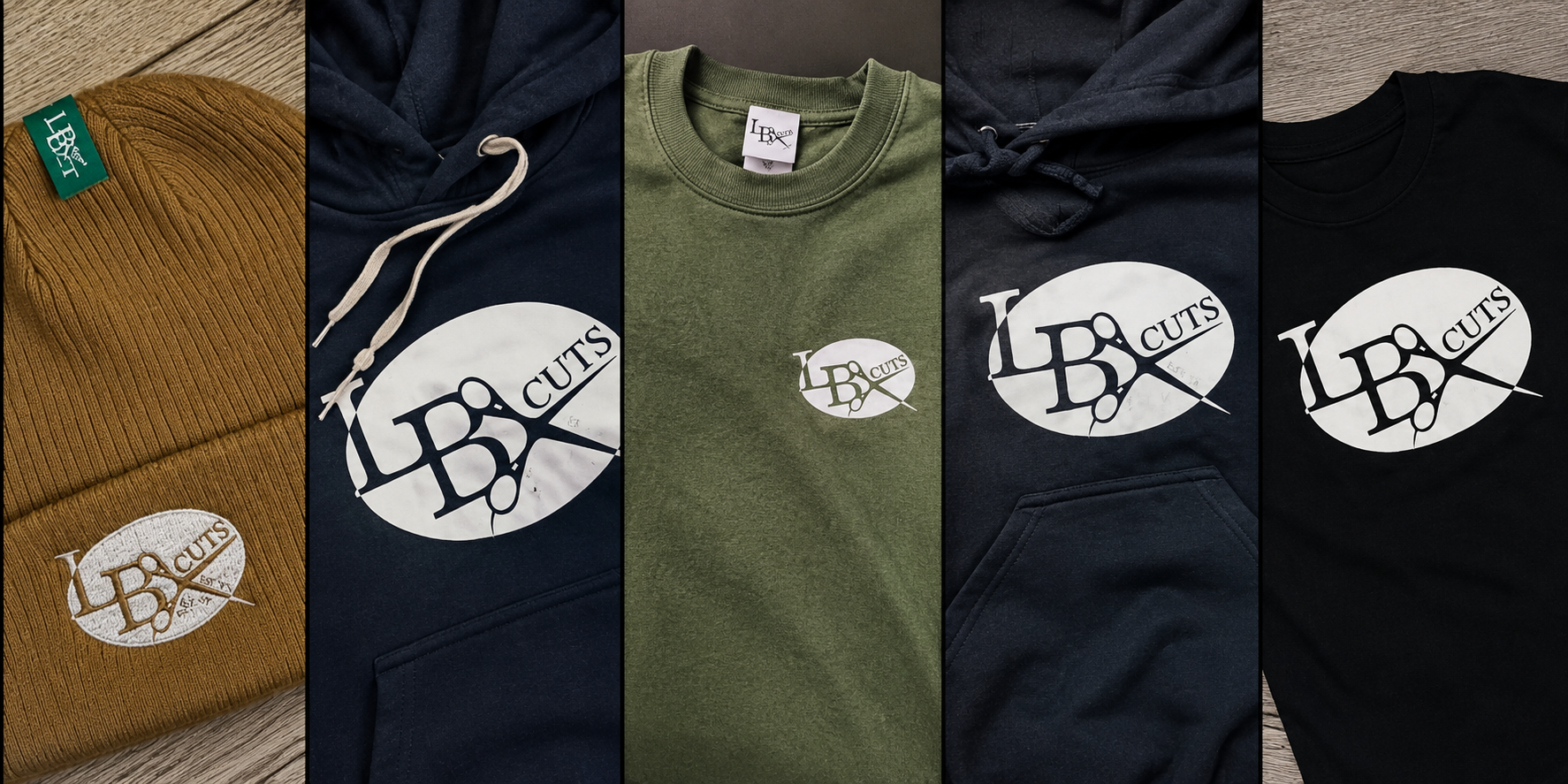 LB Cuts merch collection — beanies, hoodies, tees and crewnecks featuring the LB Cuts logo.