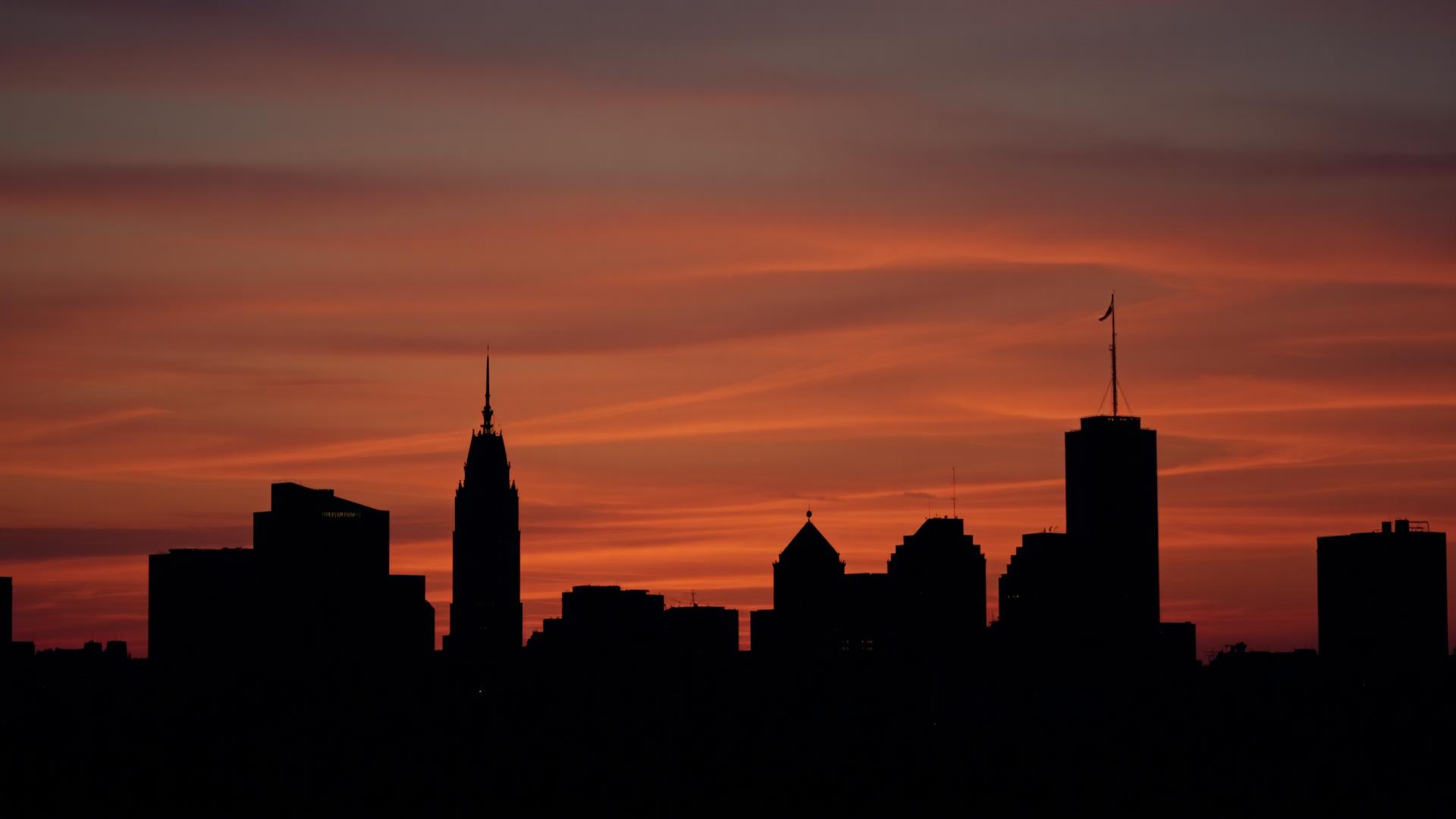 Philadelphia skyline at dusk.